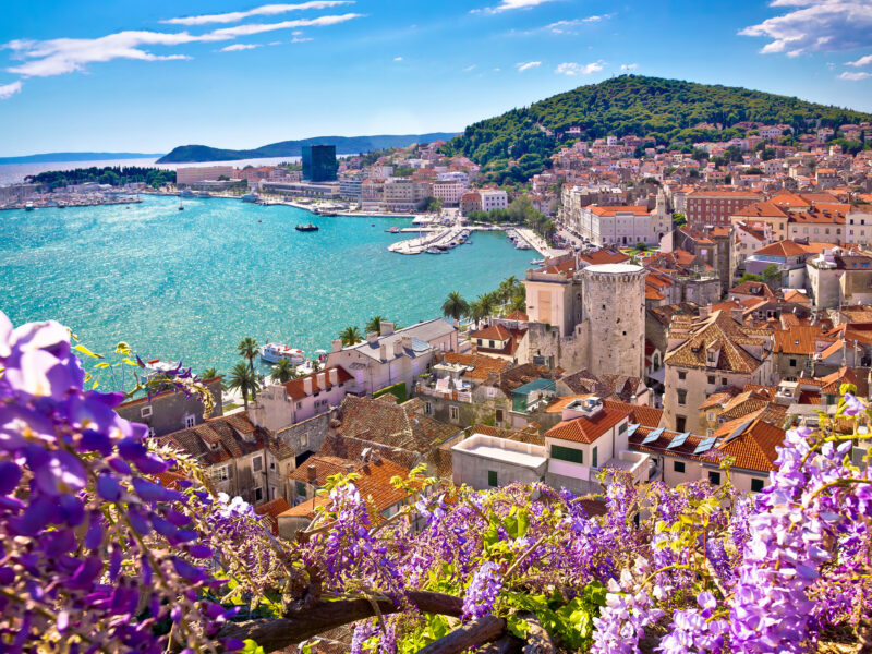 Split,Waterfront,And,Marjan,Hill,Colorful,Flower,Aerial,View,,Dalmatia