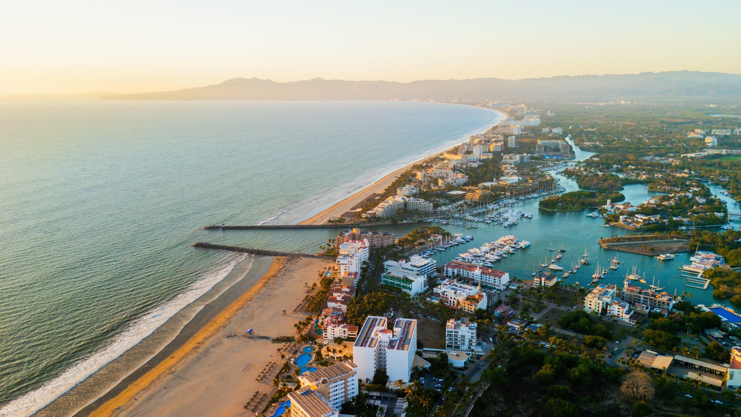 Aerial,View,Of,Nuevo,Vallarta,At,Sunset,Showing,The,Beach,